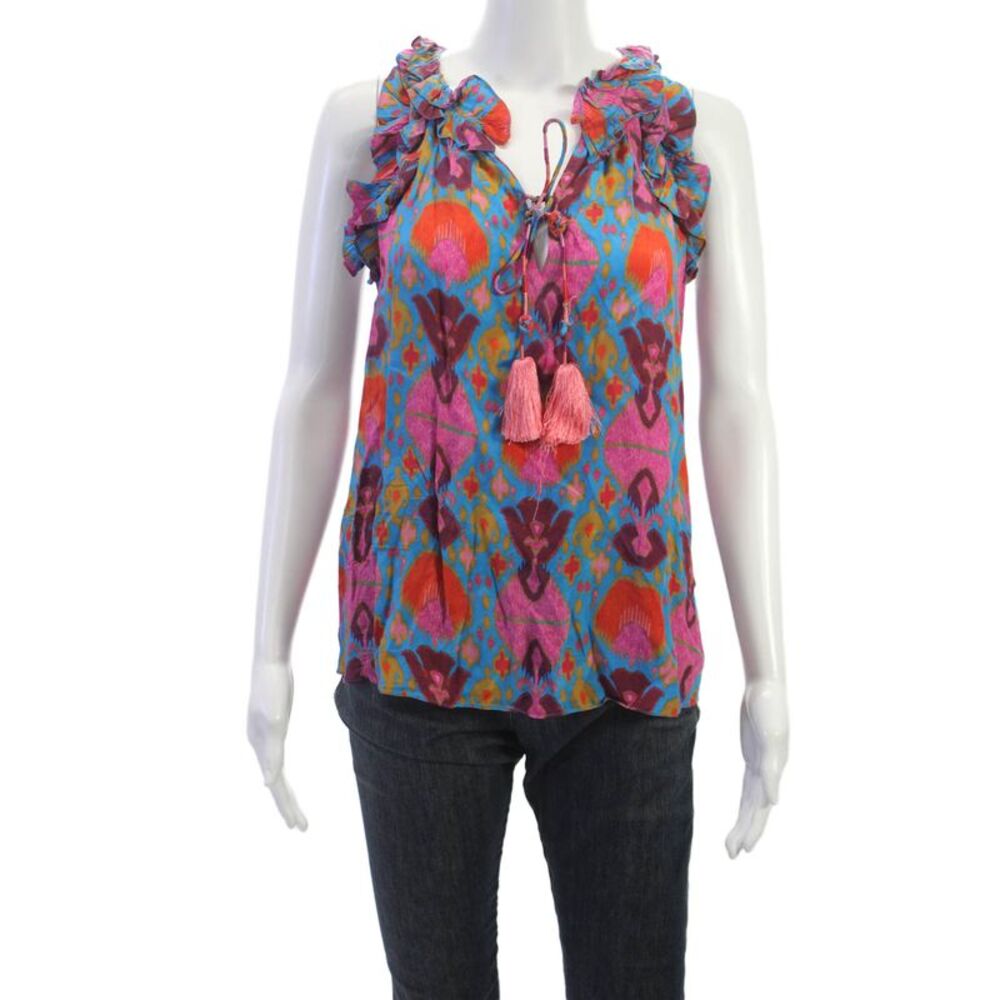 Figue Women Sleeveless V-Neck Geometric Viscose Tunic Blouse Tie Size M